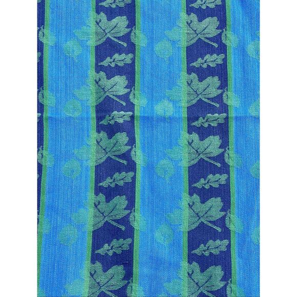 Crate & Barrel Jacquard Osk Leaf Stripe Navy, Blue &Green Cotton Tablecloth 59” - Picture 2 of 3